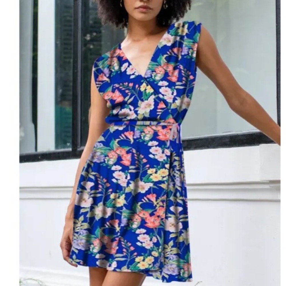 Yumi Kim Amalfi Coast Soho‎ Mixer Blue Floral 100% Silk Wrap MINI Dress WOMEN M